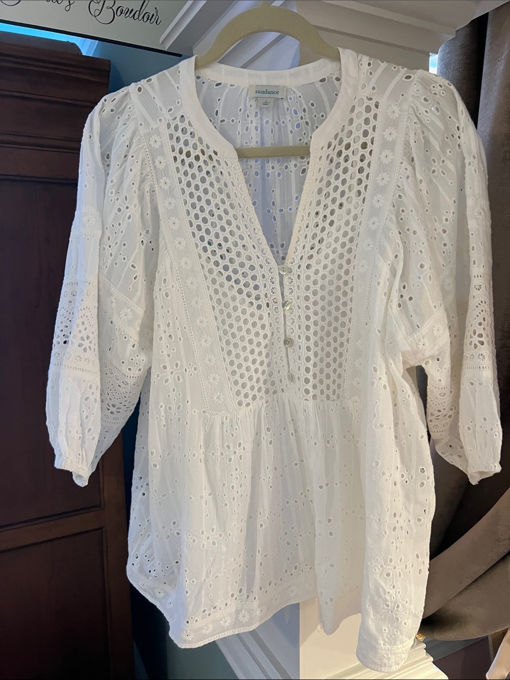 Sundance White Eyelet V-Neck Peasant Tunic